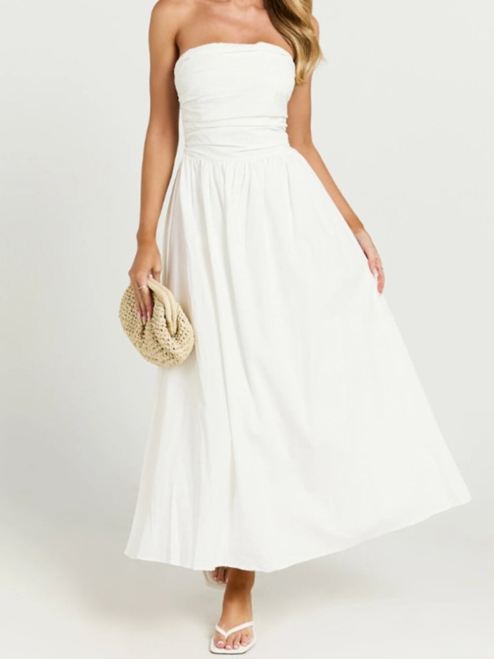 Showpo, Polly Midi Dress, Strapless Ruched Dress in White, Size 4